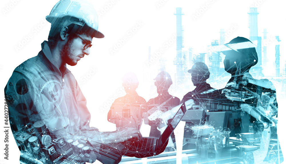 Poster mechanized industry of future factory double exposure image . concept of robotics technology for ind