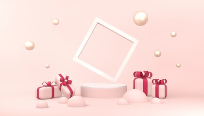 Pink pedestal or podium with cute presents on pastel pink background for product demonstration.  3D rendering.