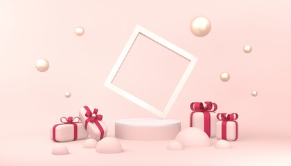 Pink pedestal or podium with cute presents on pastel pink background for product demonstration.  3D rendering.