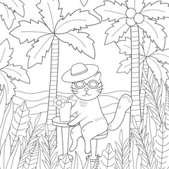 Fototapeta na wymiar Summer coloring page. Cute cat and palm trees.
