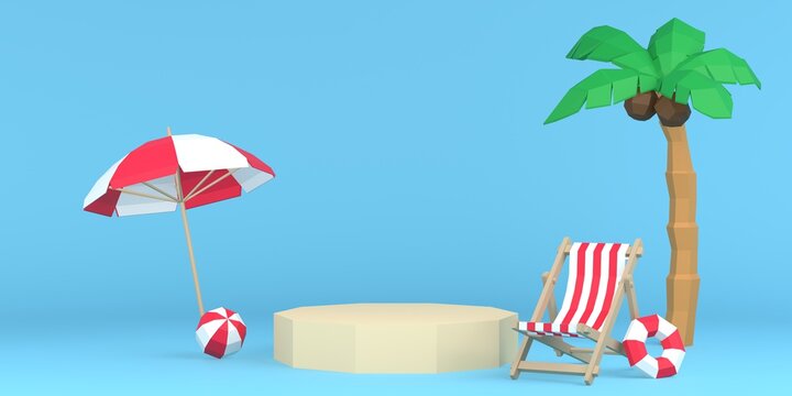 Origami style beach pedestal with summer vacation elements on blue background. 3D rendering for product demonstration.