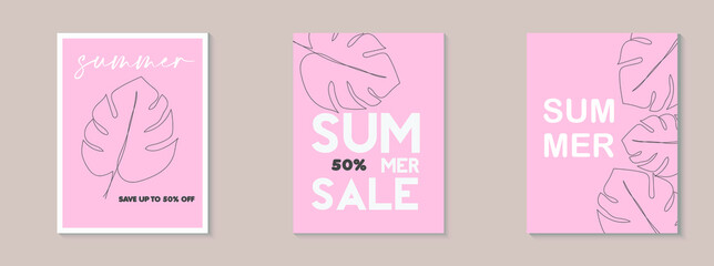 Set Summer Sale Backgrounds with One Lines Tropical Leaves on Pastel Background. Design for Sale, Posters, Media Stories. Vector Illustration