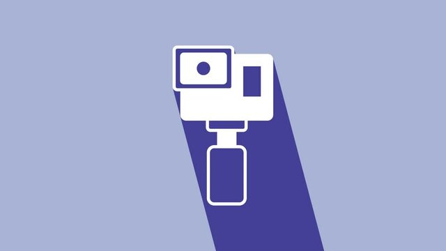 White Action extreme camera icon isolated on purple background. Video camera equipment for filming extreme sports. 4K Video motion graphic animation