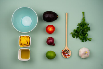 Knolling Photography - Guacamole Recipe. Top view of all the ingredients of Guacamole dipping sauce