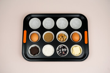 Knolling Photography - Blueberry Muffins Recipe. Top view of all the ingredients of Blueberry Muffins.