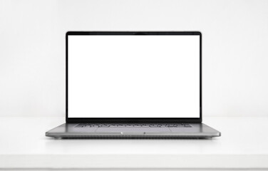 Fototapeta premium Laptop blank screen isolated on white wooden table