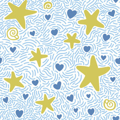 Seamless pattern with hand drawn sea waves in sketch style. Vector endless background in blue colors