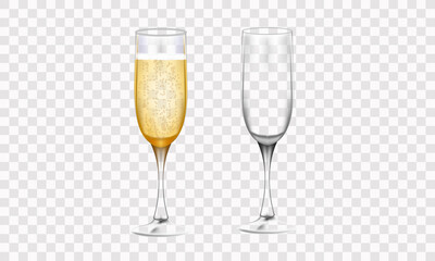 Happy new year 2022. Glasses of champagne and golden elegant lettering. Vector