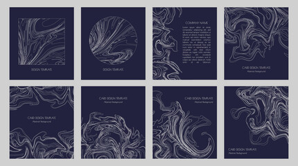 Abstract topographic contours and graphic thin white lines for modern minimalist business card template designs, presentations, invitations, fliers and covers. Set of Geometric Stylish Dark Backdrops.