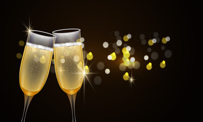 Happy new year 2022. Glasses of champagne and golden elegant lettering. Vector