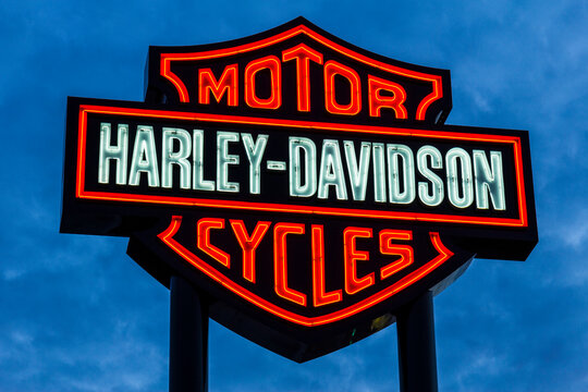 Harley Davidson logo and signage. Harley Davidson is attempting to update their image to appeal to new and younger buyers.