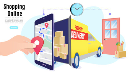 delivery man or courier delivering food to customer at home. Ordering food online, delivery van, courier near door. Flat vector illustration.