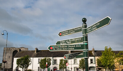 Tourist signposts for places of interest in the town of Listowel, Republic of Ireland