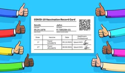 Vaccination record card with with approving hand gestures thumbs up. Vector illustration.