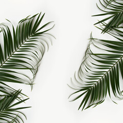 Natural green fresh palm leaves on bright white background.  Tropical summer creative idea with copy space. Flat lay.