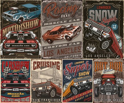 American custom cars colorful posters set