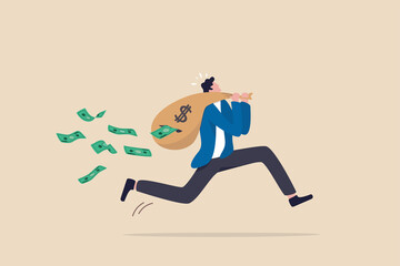 Fototapeta na wymiar Lose money while trying to get out of stock market in crisis or recession, investment risk or fraud, mutual fund expense and cost concept, businessman running with money bag, banknotes fall from hole.