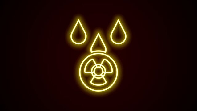 Glowing neon line Acid rain and radioactive cloud icon isolated on black background. Effects of toxic air pollution on the environment. 4K Video motion graphic animation