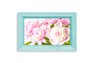 Light green color photo frame with beautiful pink peony flowers picture isolated on white wall