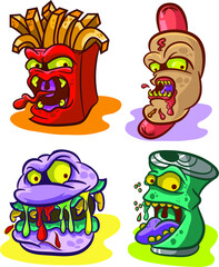 A collection of Monster Fast Food.
Soda,Burger,scary fries,and a horrible Hot Dog. 