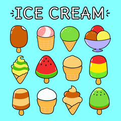 Funny cute happy Ice cream characters bundle set. Vector kawaii line cartoon style illustration. Cute Ice cream mascot character collection