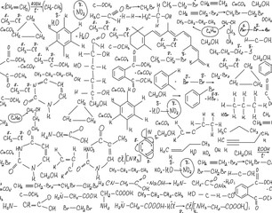 Chemistry vector seamless endless texture with handwritten chemistry formulas. Scientific educational background - 440280069
