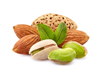 Almonds with pistachios in closeup isolated on white background. Nuts isolated.