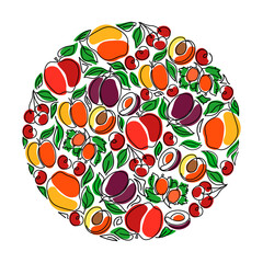 Circle shape with oneline fruits and berries.Continuous line apple,pear,cherries,apricot,plums,gooseberry.Vector hand drawn illustration of healthy food