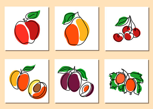Set of oneline fruit cards with continuous line apple,pear,cherries,apricot,plums,gooseberry.Vector hand drawn illustration of healthy food