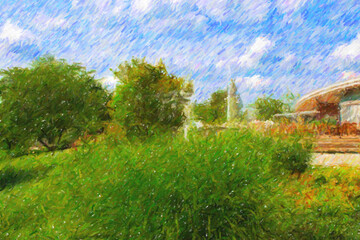 Beautiful park in summer with cafe house and lush green trees under cloudy blue sky, impressionism, digital painting, color sketch for wallpaper, postcard, art print etc.