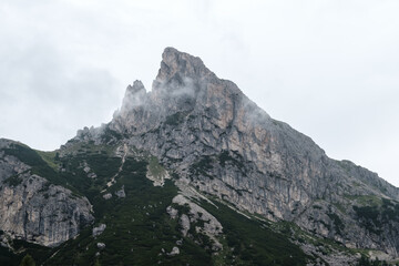 Fototapeta na wymiar Corvara - August 2020: view of dolomiti from passo Falzarego near Cortina d'Ampezzo