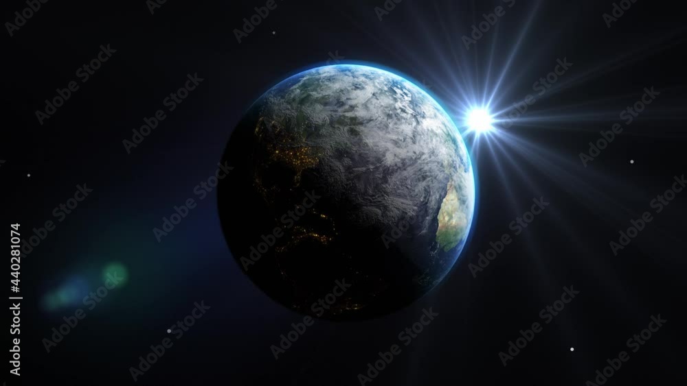 Wall mural sunrise and shadow on the earth rotate in space with star in universe. world realistic atmosphere 3d