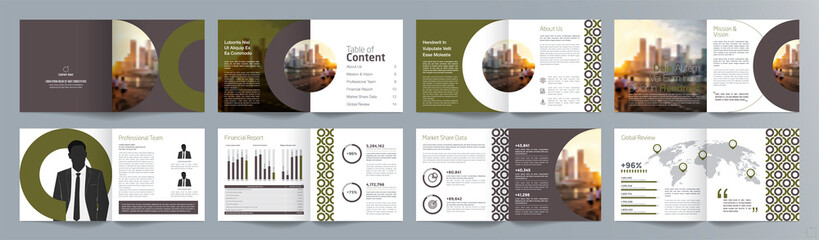 Corporate business presentation guide brochure template, Annual report, 16 page minimalist flat geometric business brochure design template, A4 size.