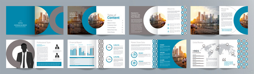 Corporate business presentation guide brochure template, Annual report, 16 page minimalist flat geometric business brochure design template, A4 size.