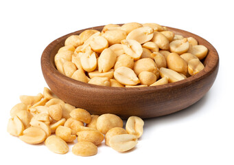 cooked peanuts in the wooden plate, isolated on white background