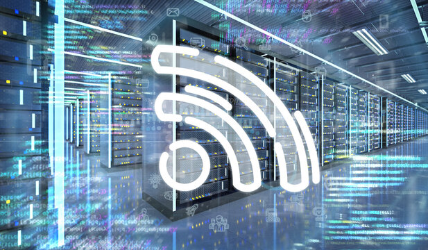 Wifi icon in a Server room data center - 3d rendering
