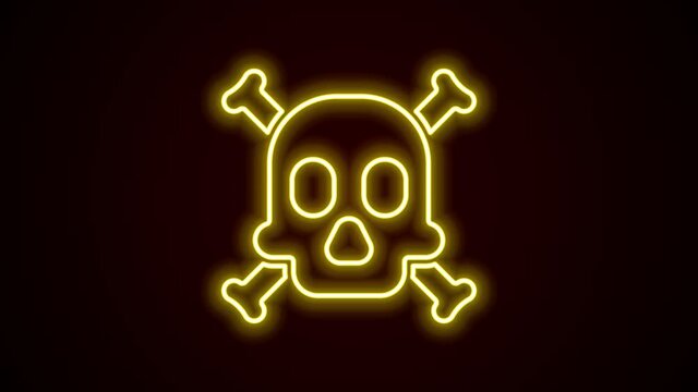 Glowing neon line Bones and skull as a sign of toxicity warning icon isolated on black background. 4K Video motion graphic animation