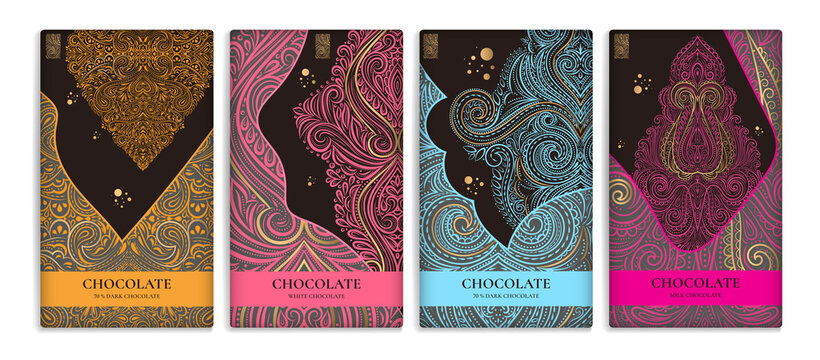Abstract set of chocolate bar packaging design. Vector luxury template with ornament elements. Can be used for background and wallpaper. Great for food and drink package types.