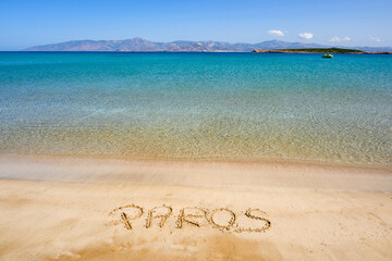 Santa Maria beach with golden sand, emerald waters and view on the island of Naxos. The best beach...