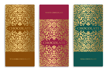 Green, red and blue luxury packaging design of chocolate bars. Vintage vector ornament template. Elegant, classic golden elements. Great for food, drink and other package types. 