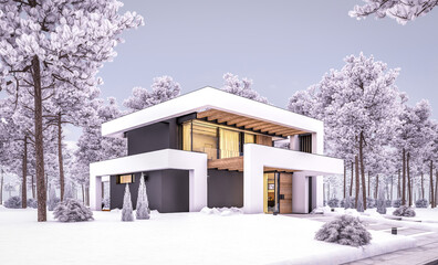 3d rendering of modern cozy house with pool and parking for sale or rent in luxurious style and beautiful landscaping on background. Cool winter evening with cozy light from windows