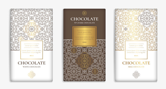 Brown, white and gold luxury packaging design of chocolate bars. Vintage vector ornament template. Elegant, classic golden elements. Great for food, drink and other package types. 