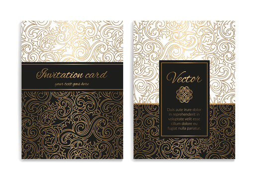Invitation card design with golden ornament pattern. Luxury vintage vector template. Can be used for background and wallpaper. Elegant and classic elements great for decoration.