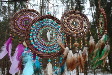 Beautiful dream catchers in the spring forest.