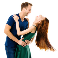 Fototapeta premium Portrait image of hugging young smiling couple, looking at each other. Caucasian models in love, relationship, dating, flirting, lovers, studio concept, isolated over white background. Square.
