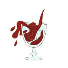 Hand drawn cute wine glass with red wine splash, isolated vector illustration on white background
