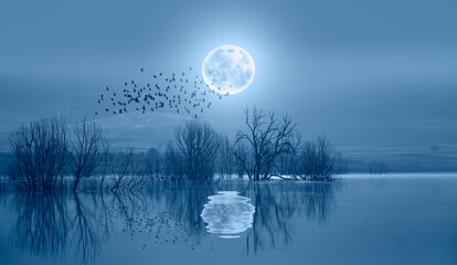 Calm water of blue lake with full blue moon 