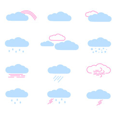 Cloudy weather minimalictic icons (rainy, cloudy, snowy, thunderstorm, rainbow)