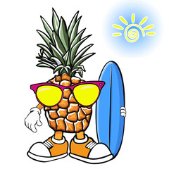 Happy pineapple cartoon character on the surf board, surfing on wave.poster and shirt design Holidays on the sea. Beach activities. Summer time