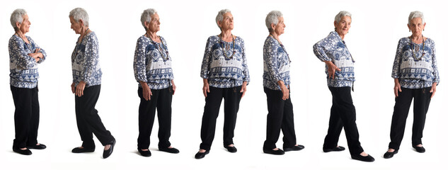 front, back, side wiew and walking of same woman on white background